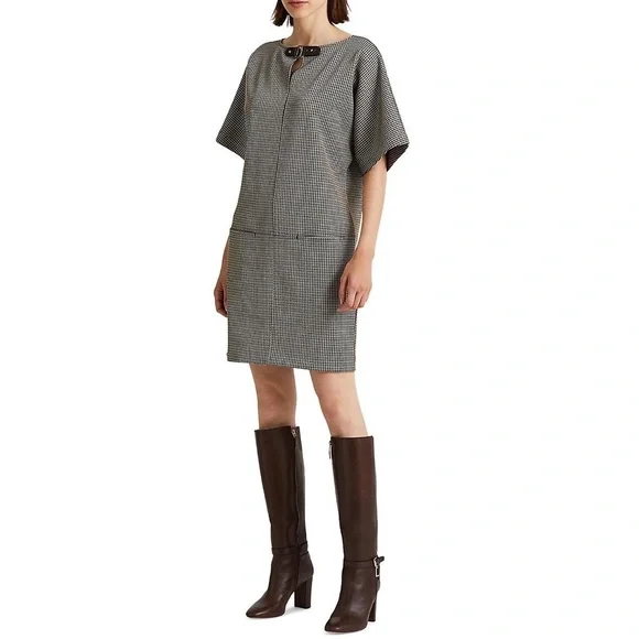 LAUREN RALPH LAUREN NWT Buckle Trim Houndstooth Jacquard Shift Dress Size Medium - Picture 7 of 15